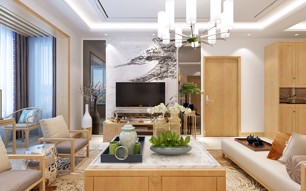 轻法式100平方小三室装修效果图,新中式风格三室一厅130平米