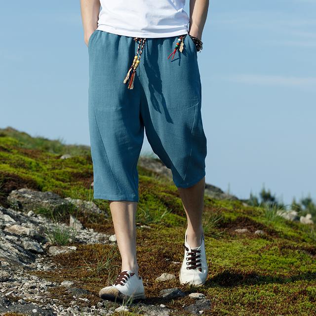 女士牛仔七分中裤哈伦萝卜裤,亚麻休闲民族风哈伦裤