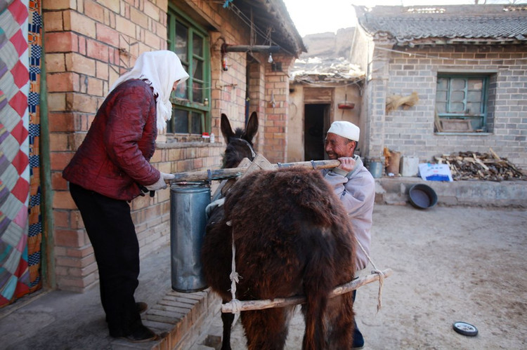 这个村庄吃水就这一口小泉眼，每天靠毛驴驮水使用