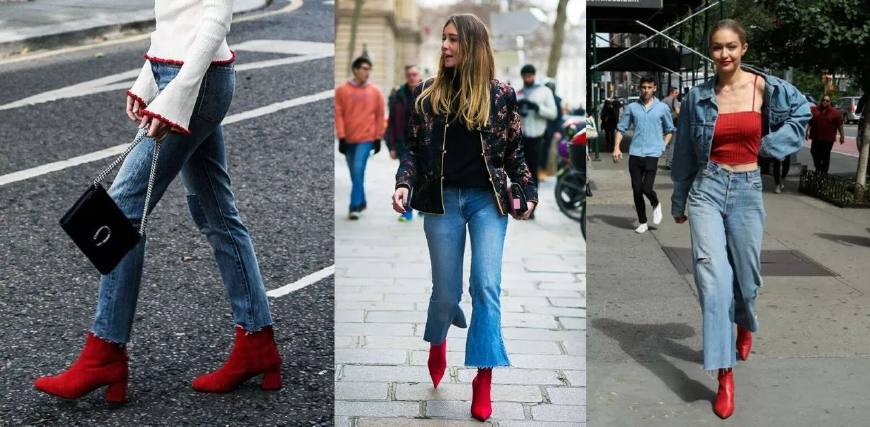 红色靴子鞋怎么搭配衣服女,红色高跟短靴怎么搭配衣服