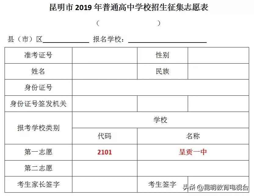 昆明各学校见分征集志愿,呈贡一中征集志愿