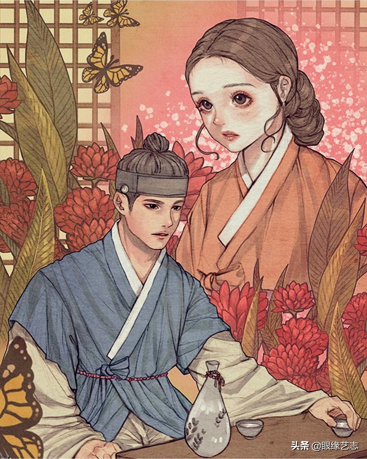 韩式穆夏风插画,韩国传统服饰插画