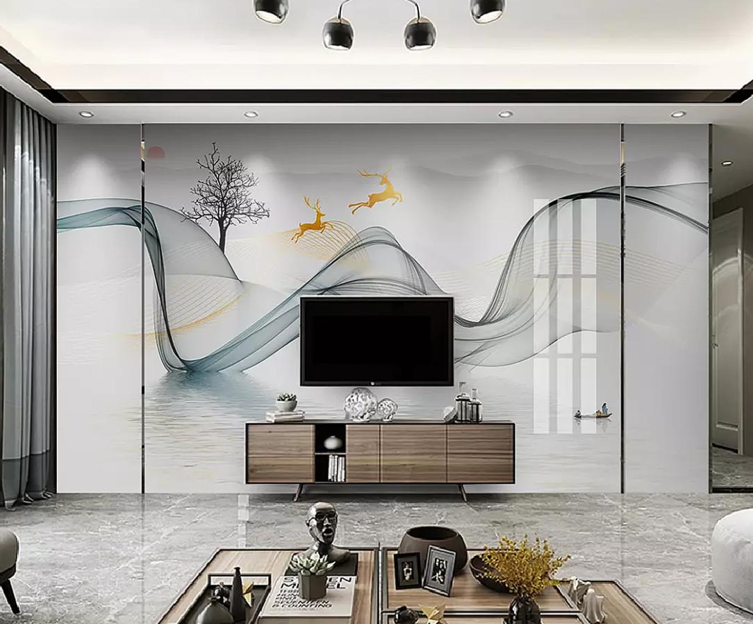 新中式风格瓷砖石材艺术背景墙,大理石瓷砖背景墙效果图