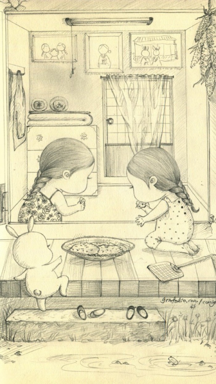 少女与兔子插画,兔子手绘创意插画