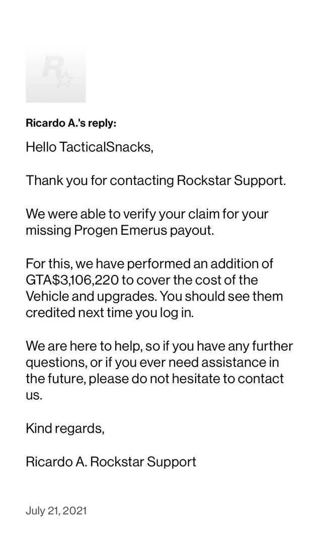 网友在《GTAOL》中遗失跑车，R星补偿了310万游戏币