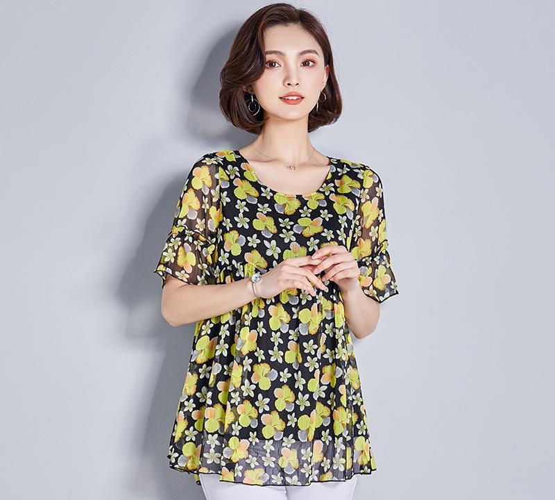 适合胖子穿的夏季雪纺衫成熟风,雪纺衫上衣新款中年女士遮肉