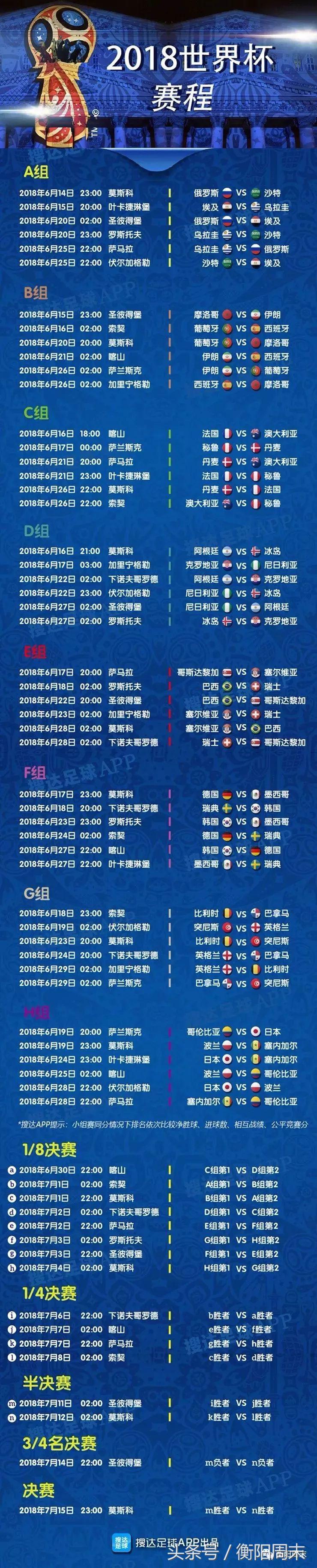 世界杯来啦！最完整最详细世界杯赛程表！赶紧转发收藏