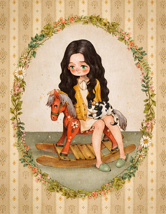 韩国森林女孩冬季插画 (手绘插画森林少女背影图片)