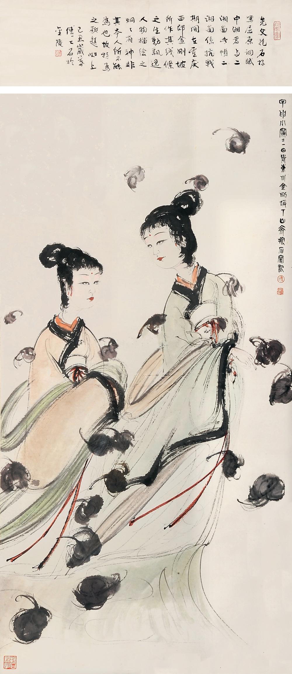 傅抱石创作国画天女散花图,傅抱石的国画作品《一望大江开》