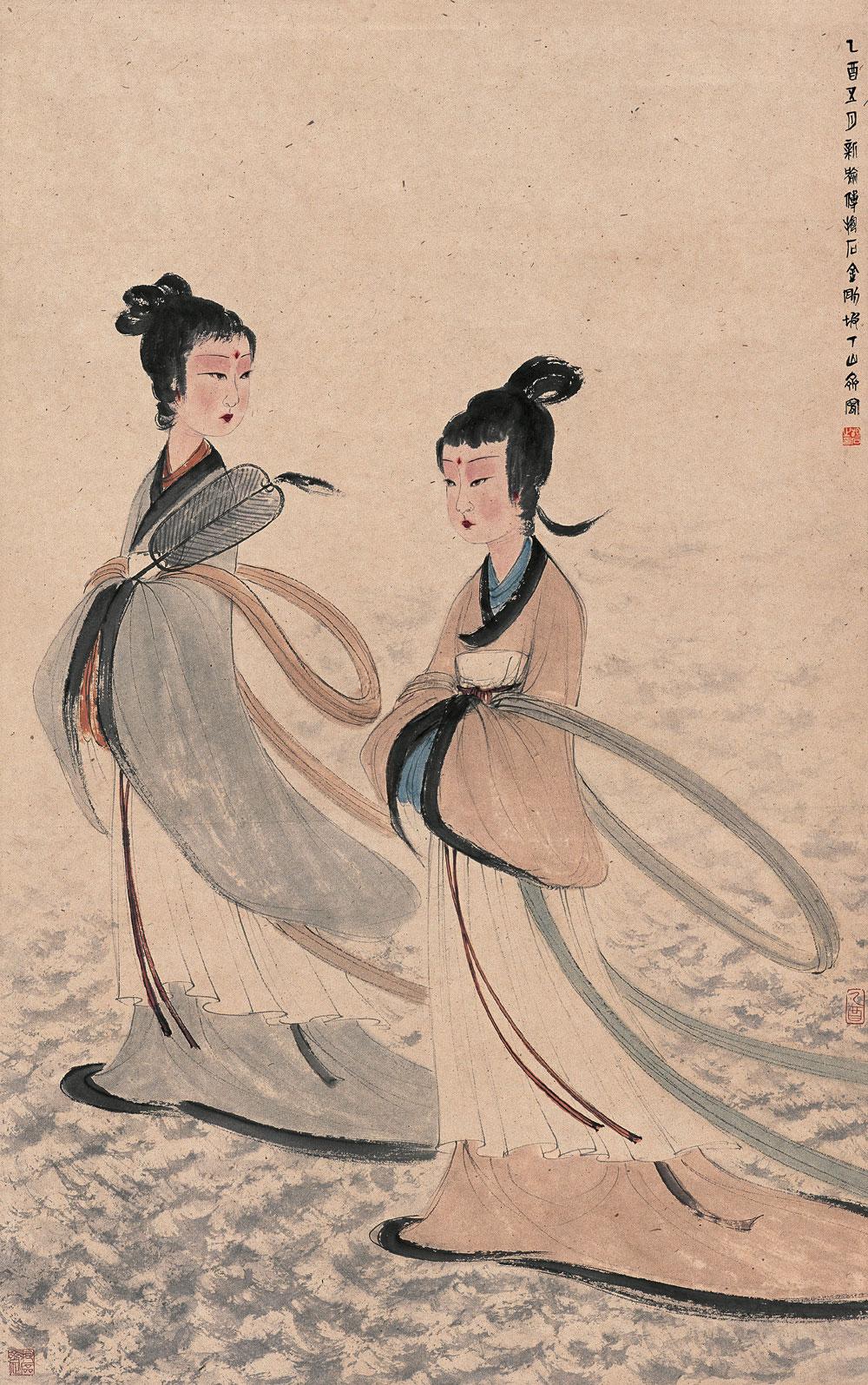 傅抱石创作国画天女散花图,傅抱石的国画作品《一望大江开》