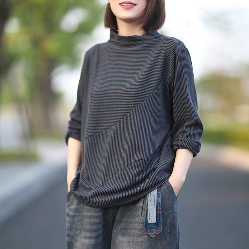 条纹宽松打底衫韩版慵懒风,韩版宽松大码中长款打底衫