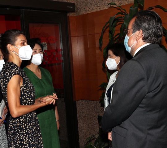 西班牙莱后不敌韩第一夫人，二穿旧裙老气突显，全靠高马尾撑精神