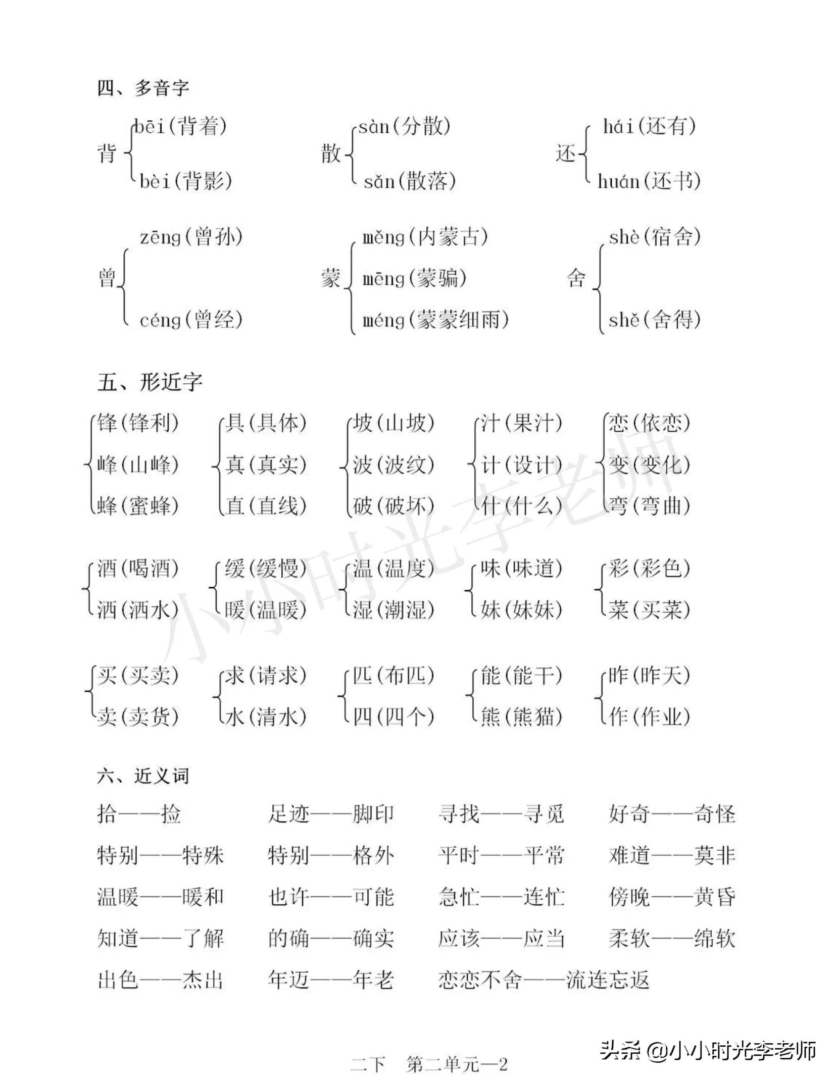 二年级下册语文必背课文知识归纳,二年级语文下册必背重点知识梳理