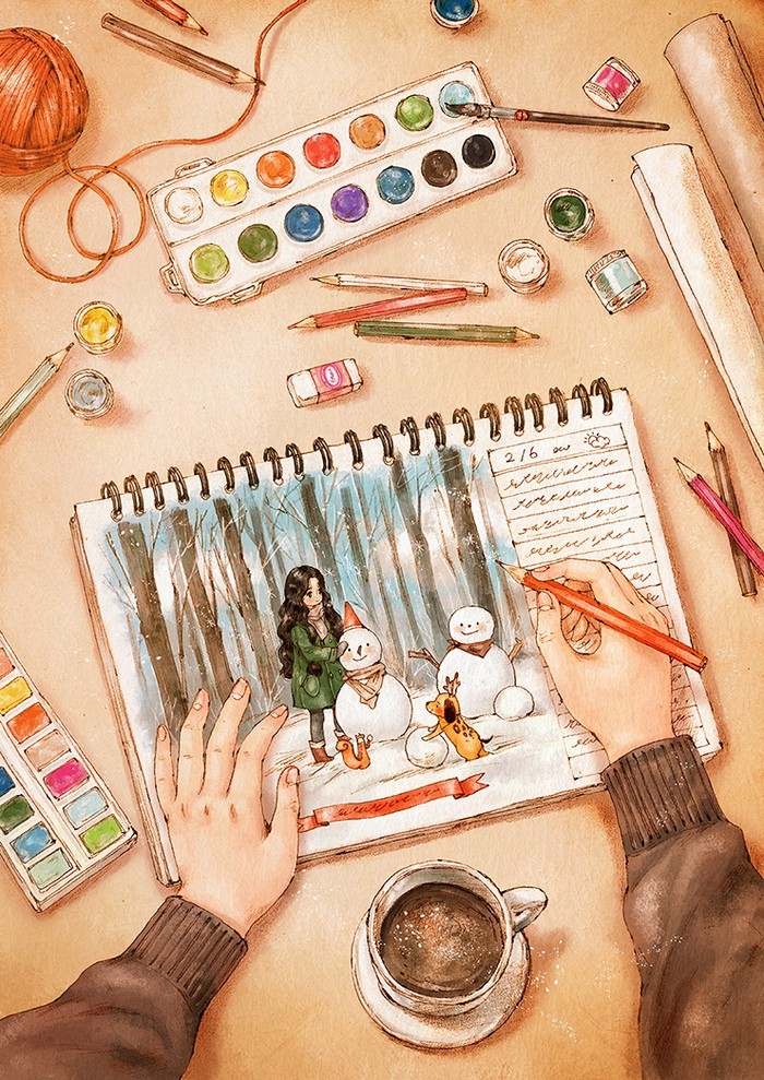 韩国插画师森林女孩日记图文,水彩插画森林女孩日记