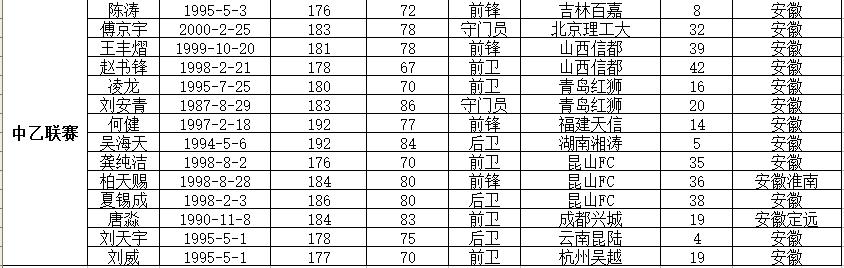 安徽足球职业队名单,安徽省职业足球联赛