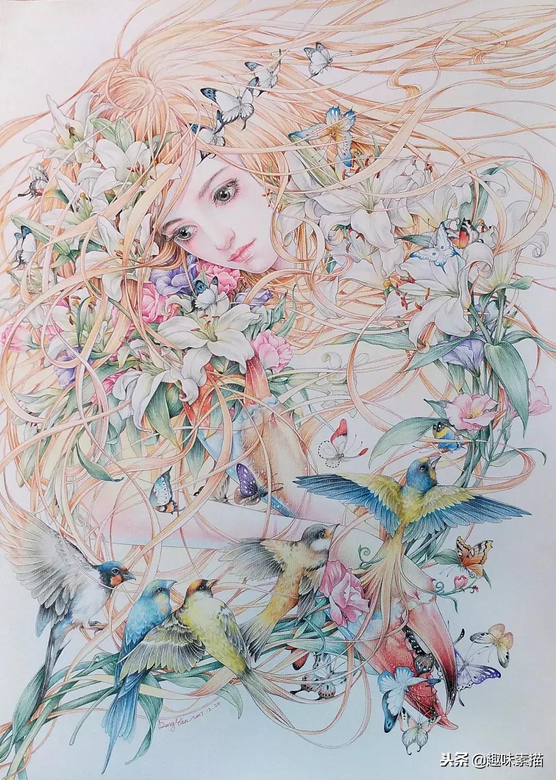 超精细彩铅人像素描,简单又漂亮的彩铅插画