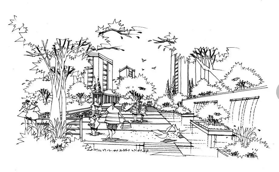 手绘效果图设计详解,干货五幅景观手绘效果图步骤图解