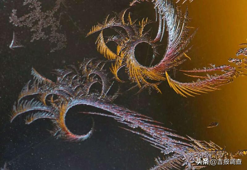 清晨玻璃窗上结满了霜花,唐古拉玻璃窗上的霜花