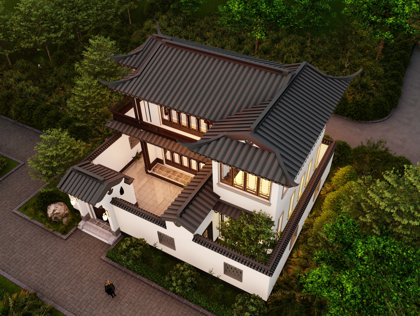 青砖四合院中式别墅户型图三层,中式合院自建房风雨连廊设计多宽