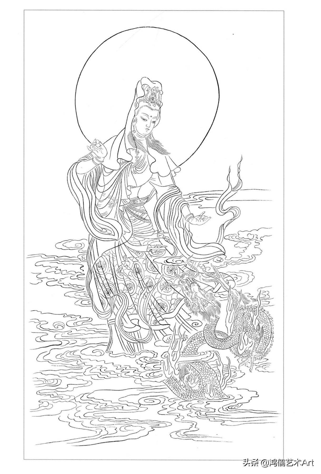 简单观音菩萨白描图片大全,工笔观世音菩萨基础画法步骤详解