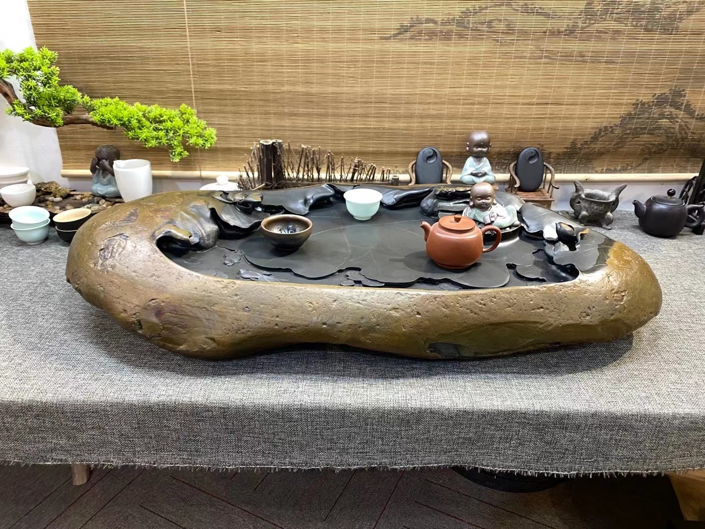 用石头雕茶盘,石头茶盘制作底下可养鱼