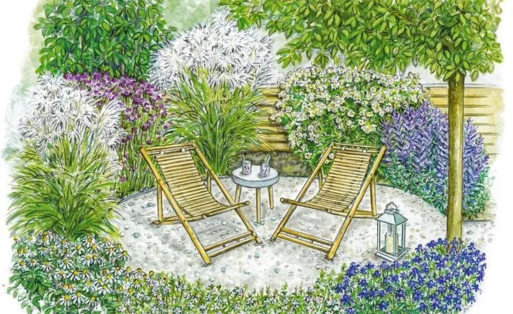 手绘清新小花园,日式庭院迷你小花园手绘