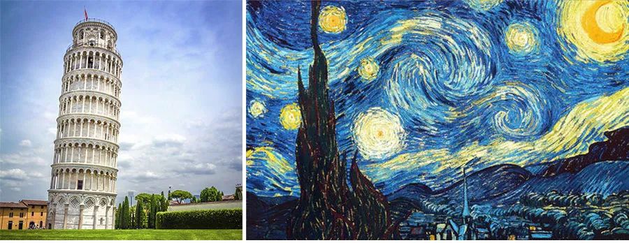 高耸有新意的塔儿童画,星空下的比萨斜塔创意美术