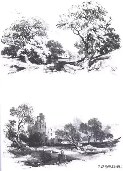 素描风景临摹高清大图简单范本,有山有水有倒影的素描风景图