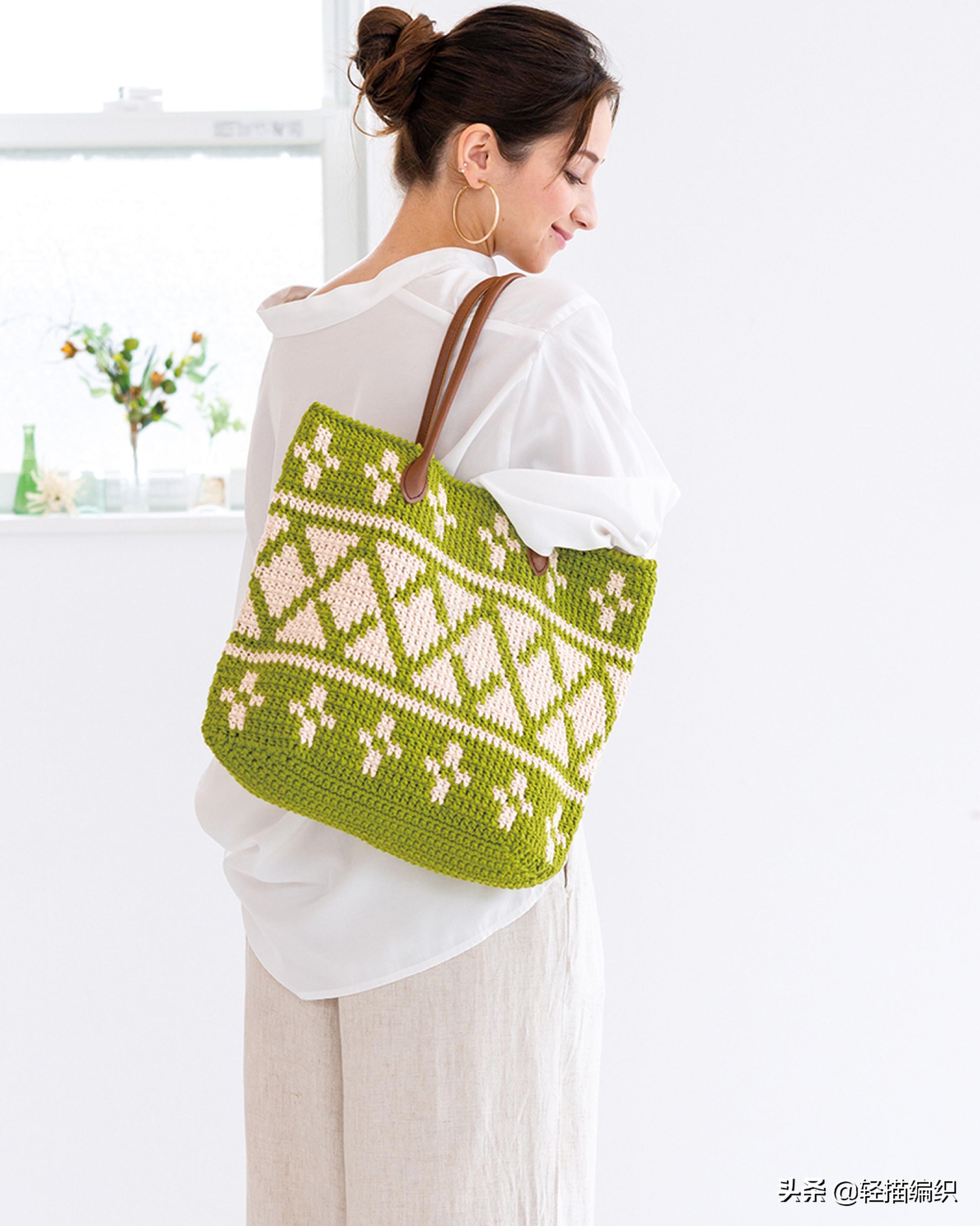 双色图案时尚手提包怎么钩,钩织祖母方格手提包简单