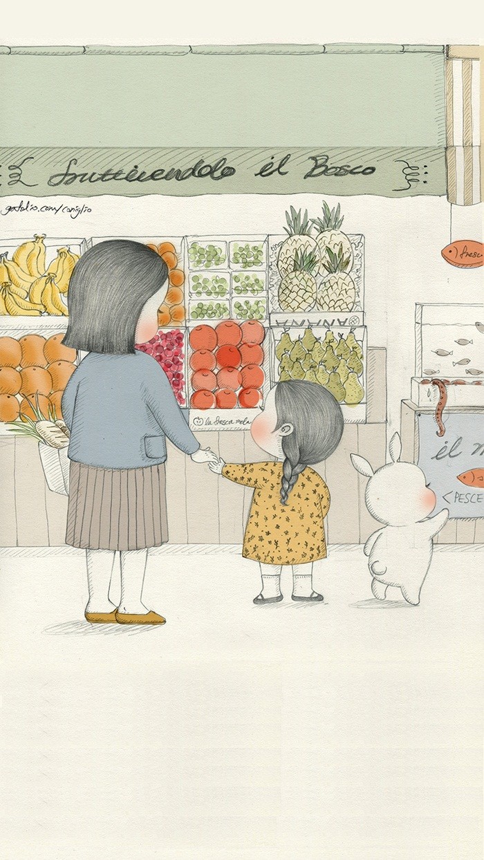 少女与兔子插画,兔子手绘创意插画