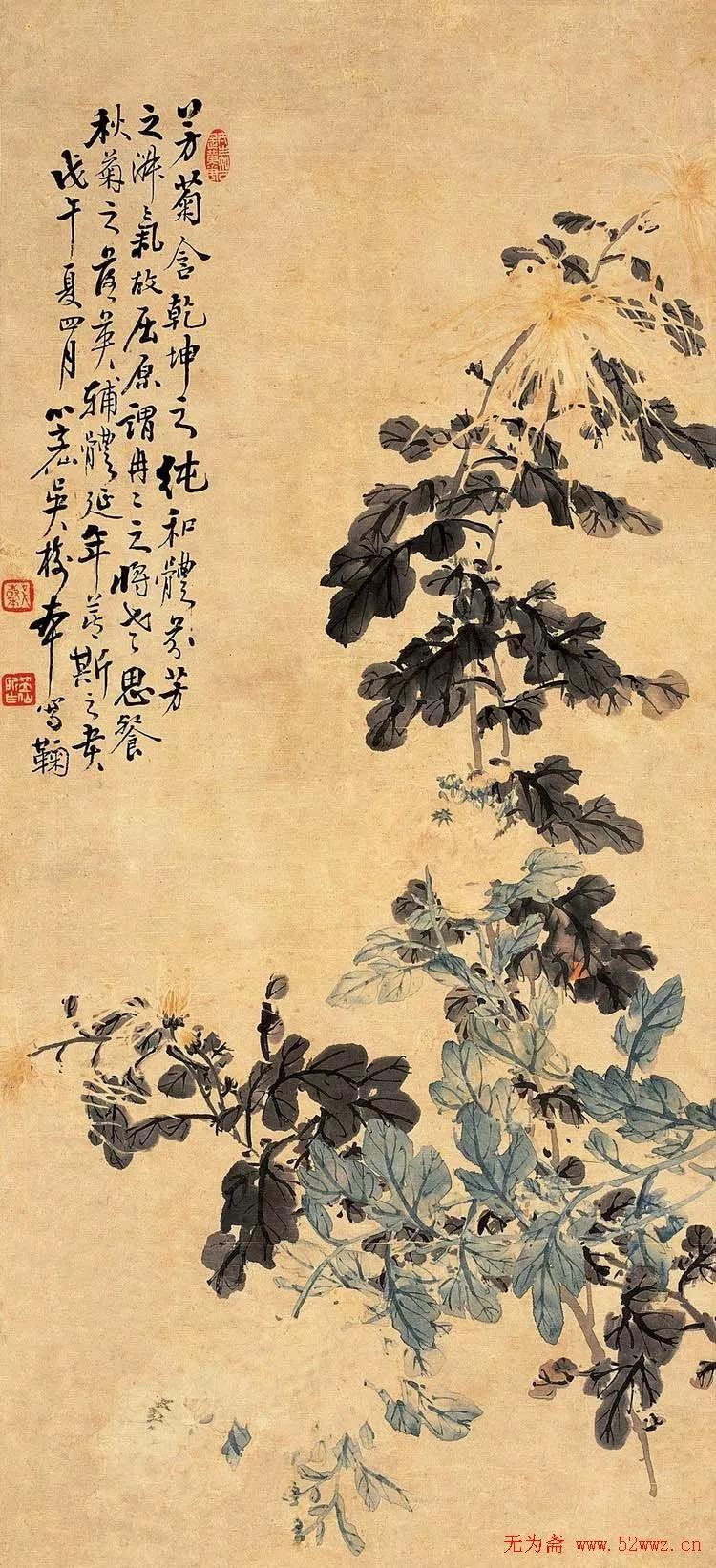 国画写意菊花精品100幅,吴昌硕的写意菊花高雅古朴之大美