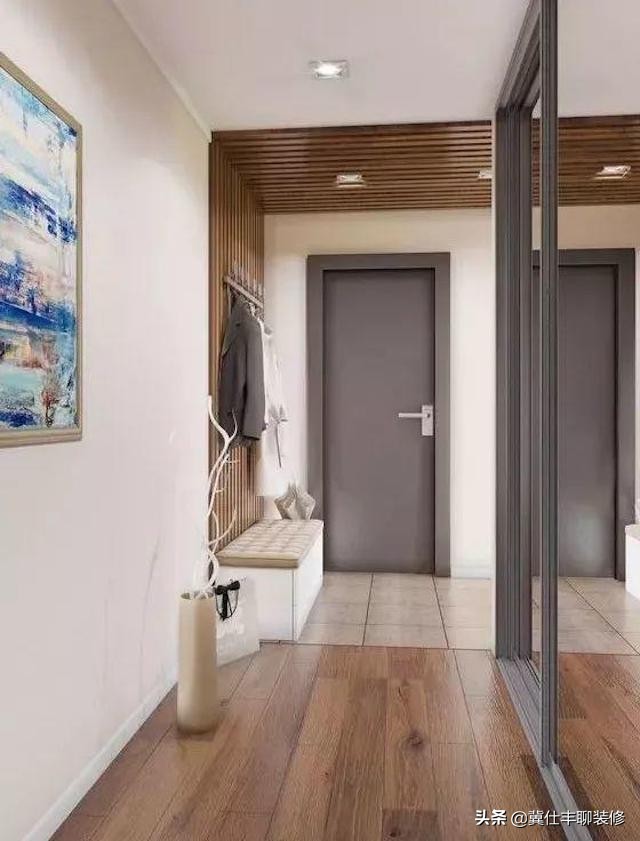 玄关用格栅和木饰面搭配效果图,木格栅玄关用什么点缀