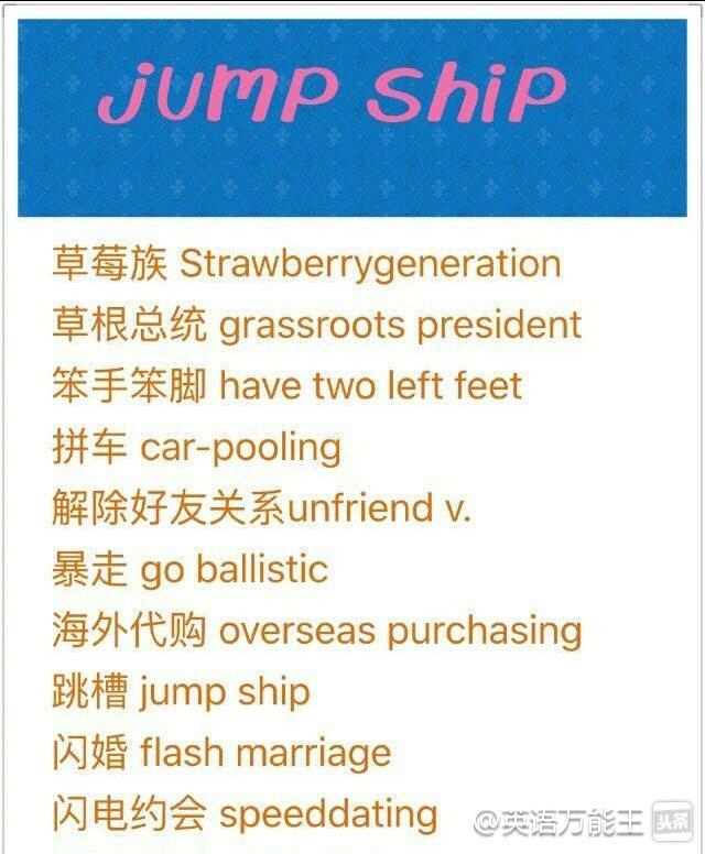 菜鸟、驴友、麦霸、代购、跳槽、型男、暴走、拼车热词英语怎么说