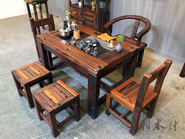 老船木茶桌椅组合现代简约茶几,原生态老船木茶几家用