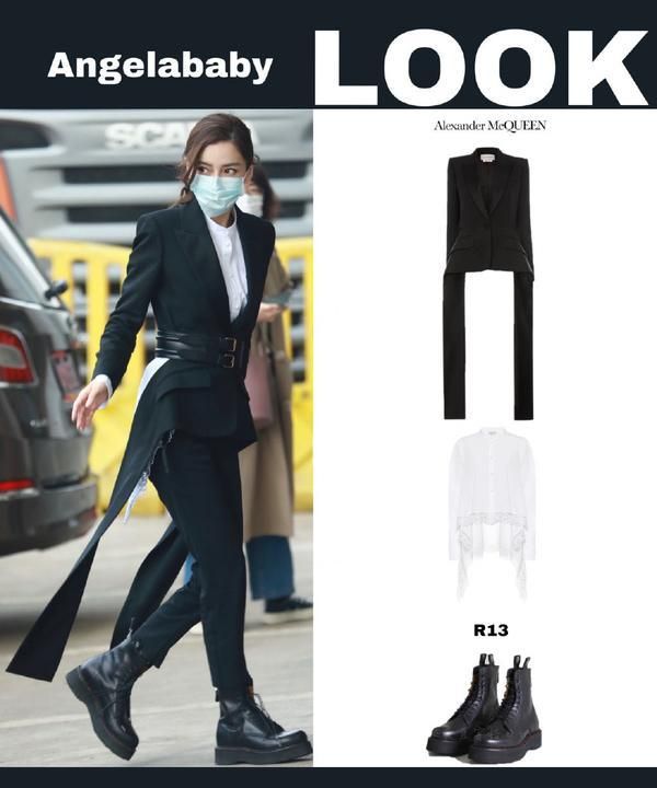 angelababy迪拜路透高定,angelababy黑色西装加腰带