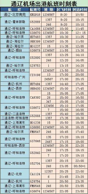 通辽机场最新航班时刻表,通辽机场航班时刻表