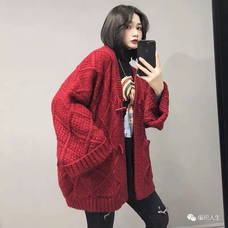 棒针手工粗线正肩毛衣女款,棒针编织v字领蝙蝠毛衣穿上显胖