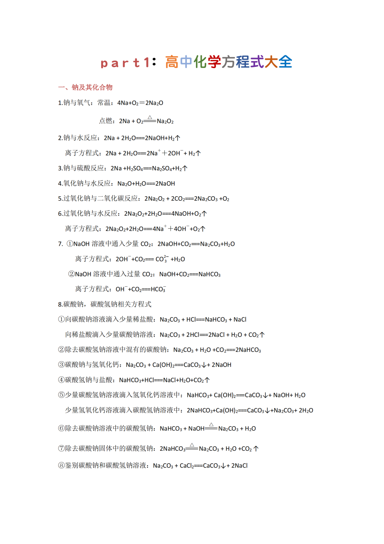 考前化学复习,化学考前速记方程式