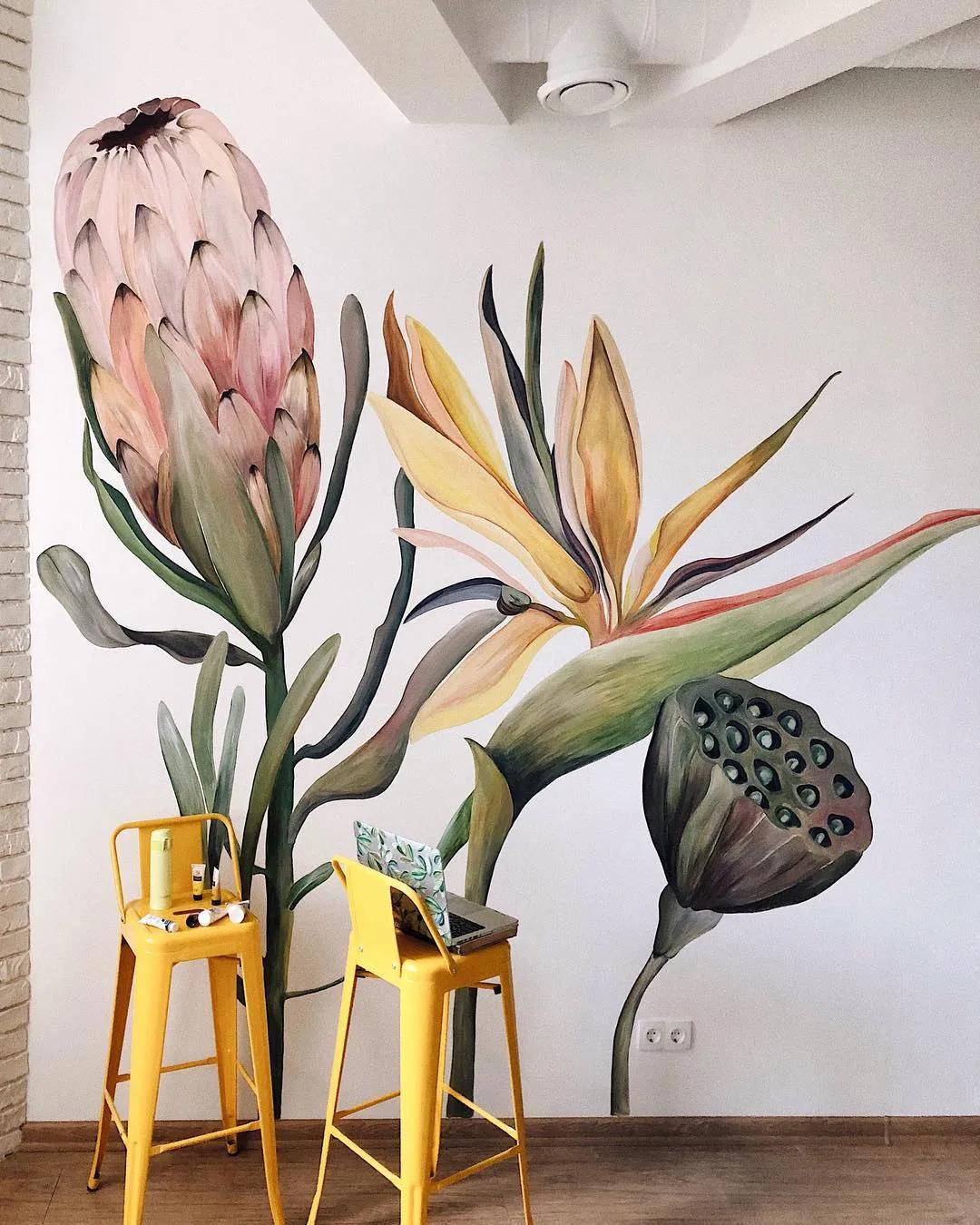 花卉墙绘,墙绘花卉色彩作品