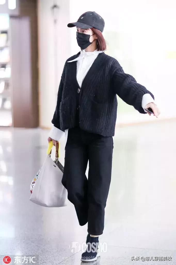 针织开衫加阔腿裤春,黑色v领针织小开衫搭配阔腿裤