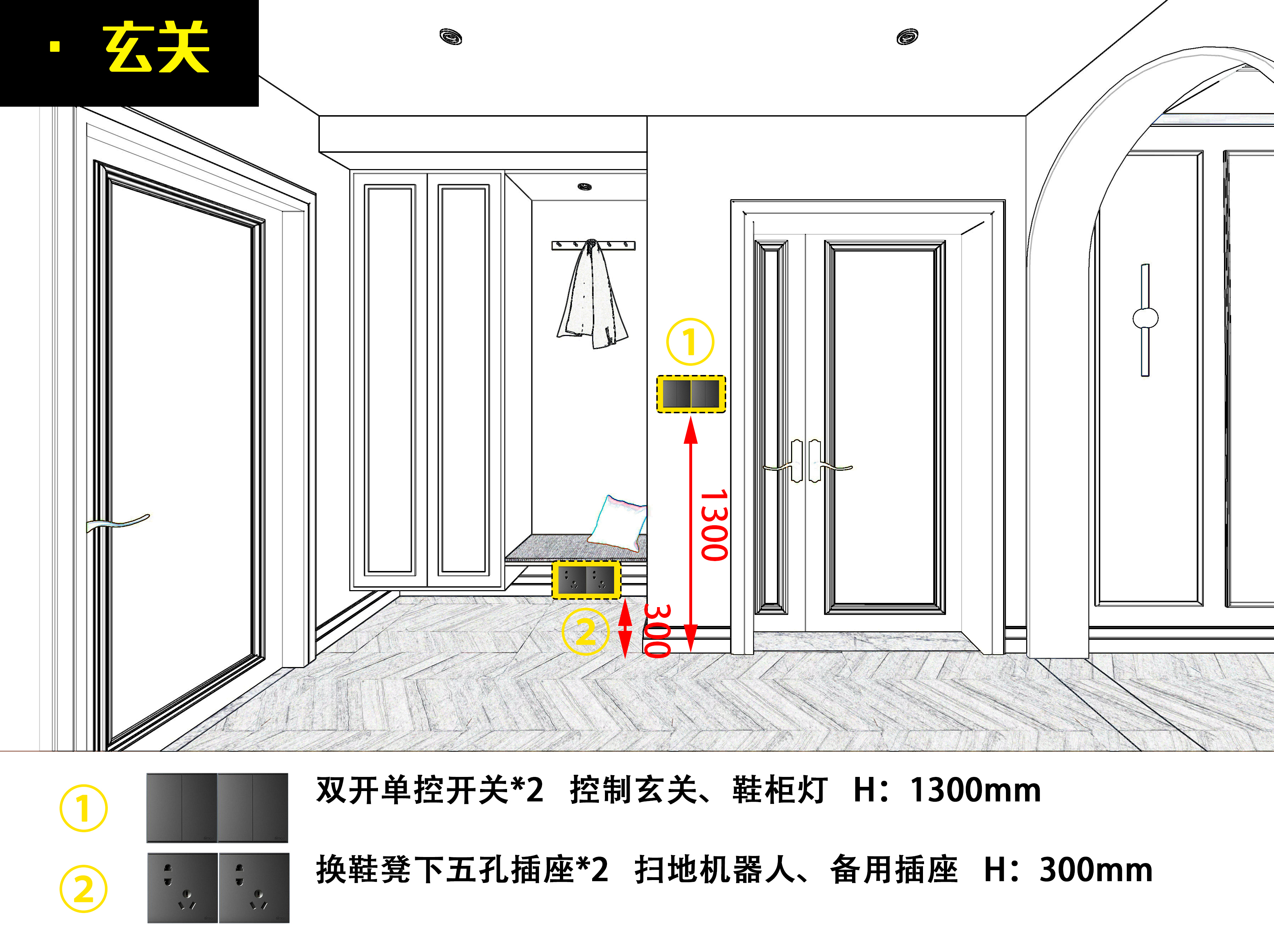 全屋开关插座尺寸布局图,开关插座入口不漏线
