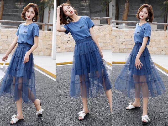 时尚夏季t恤半身裙套装,白色纱裙搭什么颜色的t恤好看