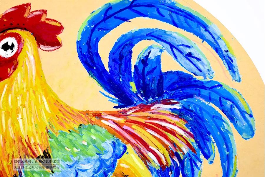 儿童画教程|油画棒技法练习《穿花衣服的大公鸡》