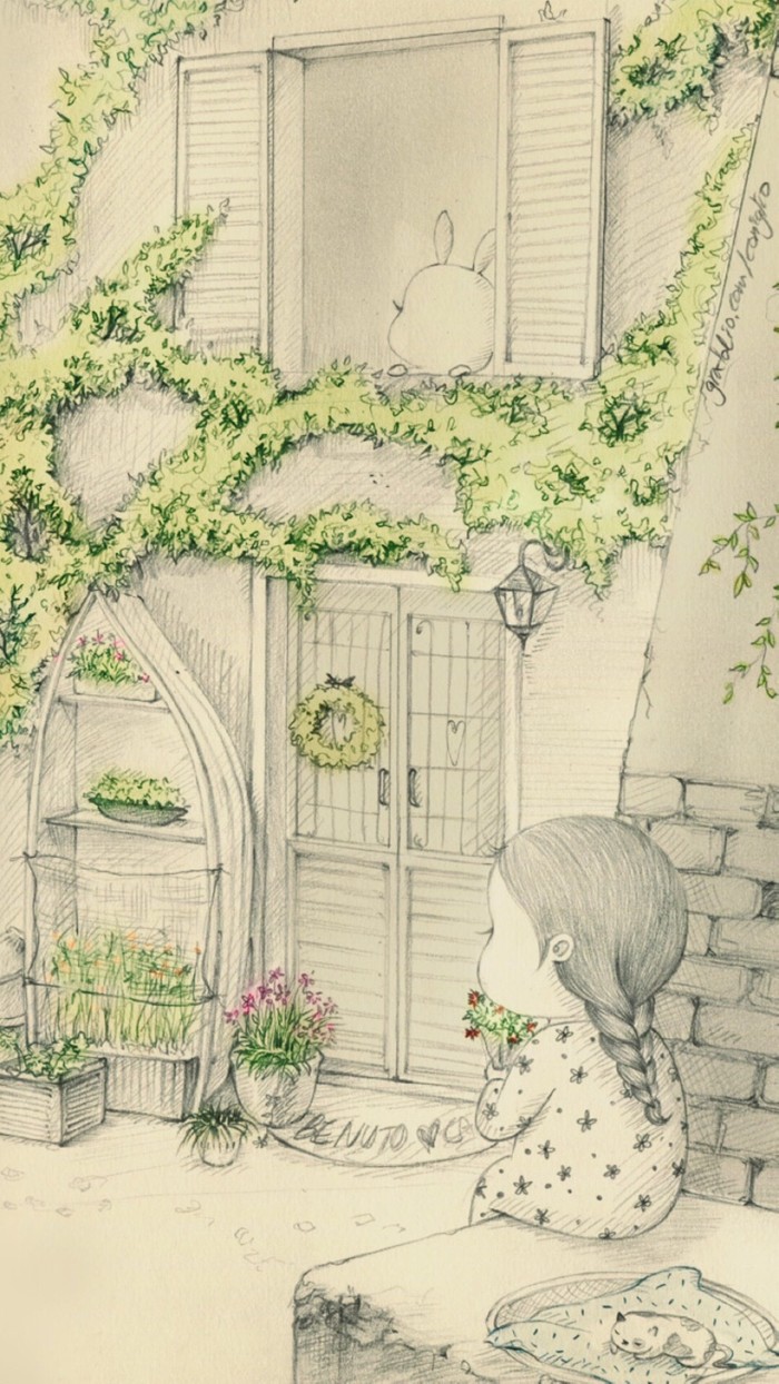 少女与兔子插画,兔子手绘创意插画