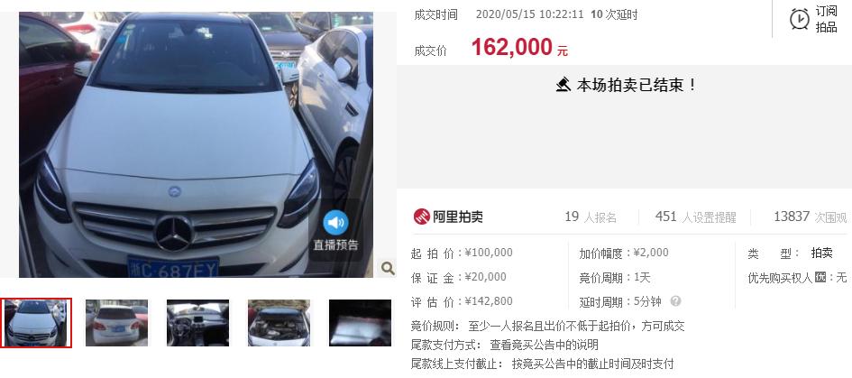 拍卖成功!浙江省温州市一辆车牌浙C687EY梅赛德斯奔驰牌小型汽车