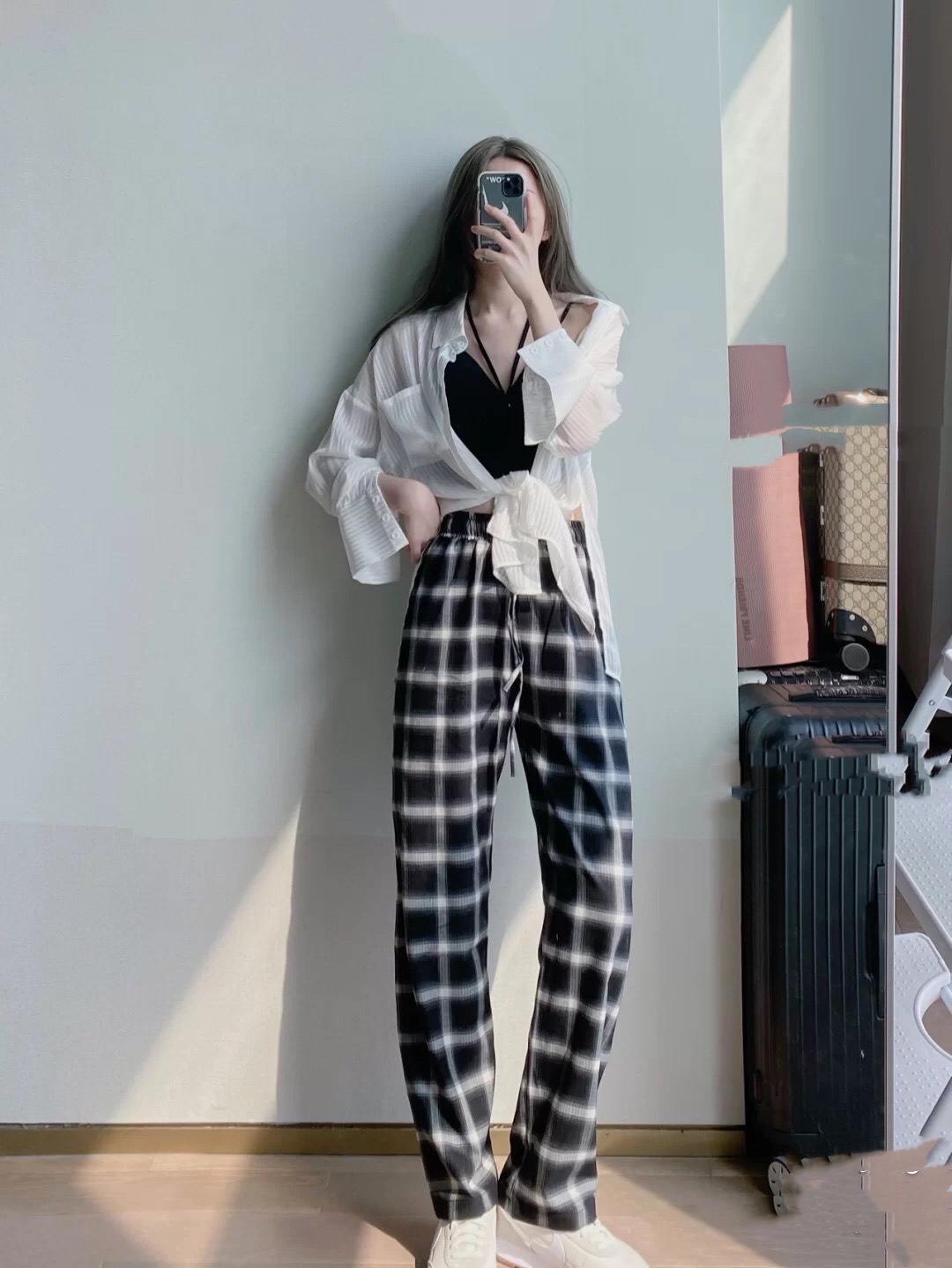 最近很火的格子裤夏天,宽松裤子慵懒风高级感格子裤