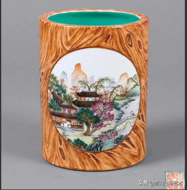 清代晚期青花八仙笔筒真品图大全,粉彩山水民居笔筒赏析