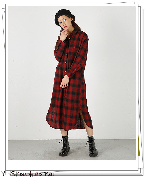 红色小格子衬衫女长袖时尚穿搭,红色格子衬衫配什么颜色裤子好看