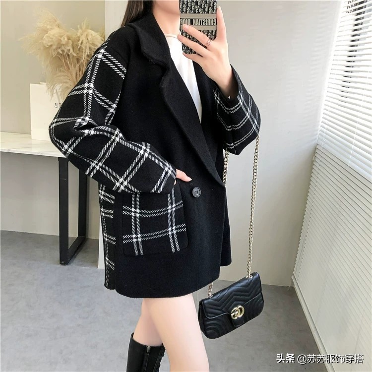 时尚西装领格子外套女秋冬新款韩版宽松小个子呢子大衣