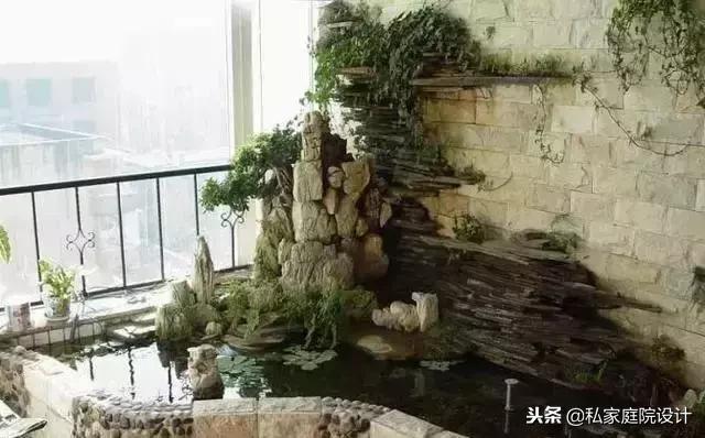 一米宽的阳台怎么设计鱼池假山,上海阳台流水假山鱼池景观设计